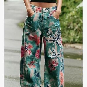 Floral Wide-Leg Denim Pants - Multicolor